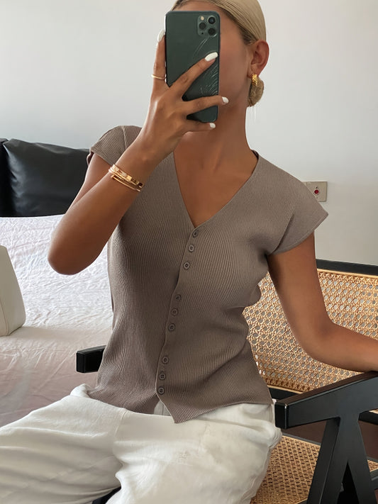 Brown Ribbed Knit V-Neck Top