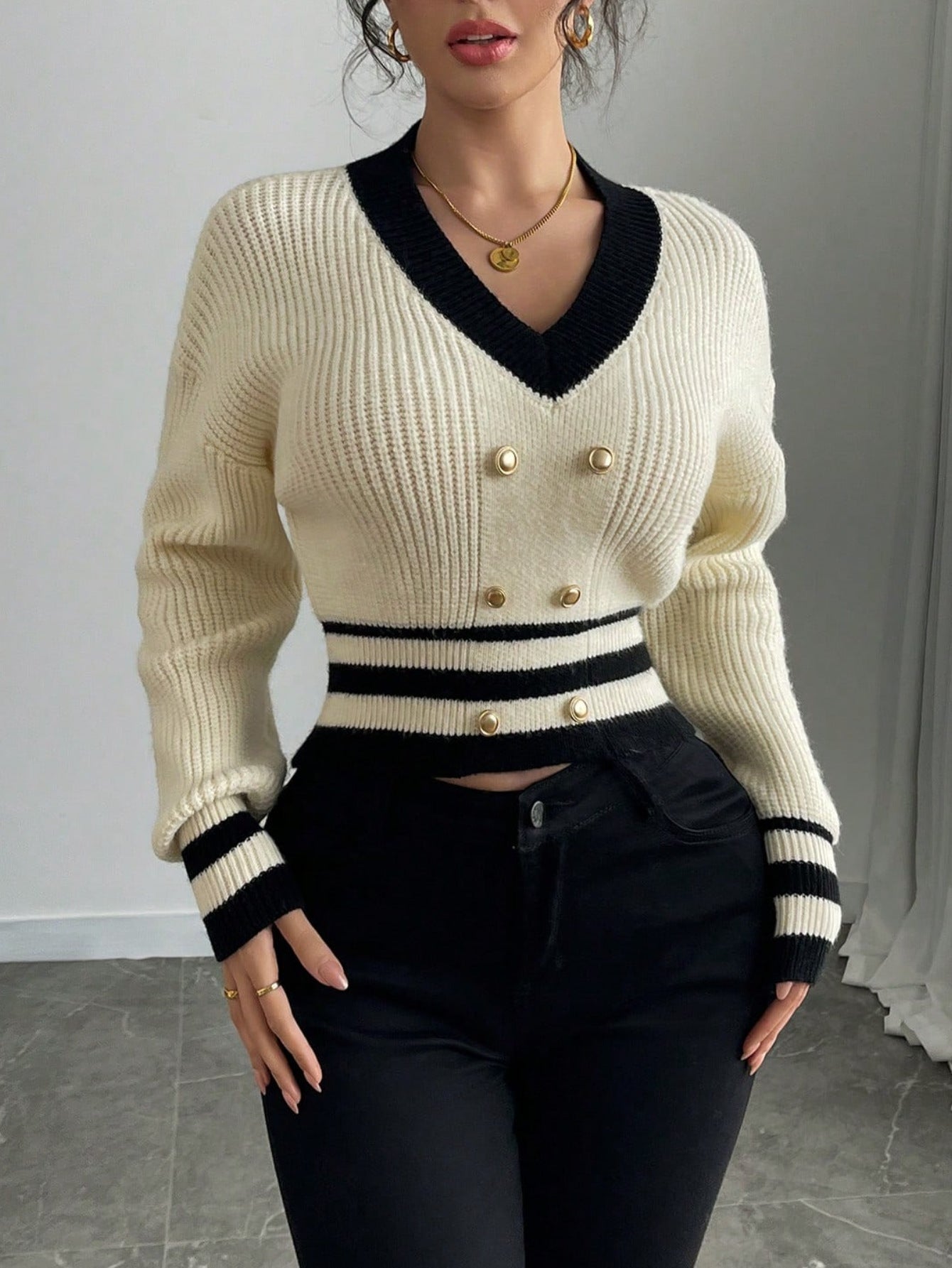 #SF012 Cropped 7 Gauge Ribbed Knit V-neck Polyester Pullover for Woman