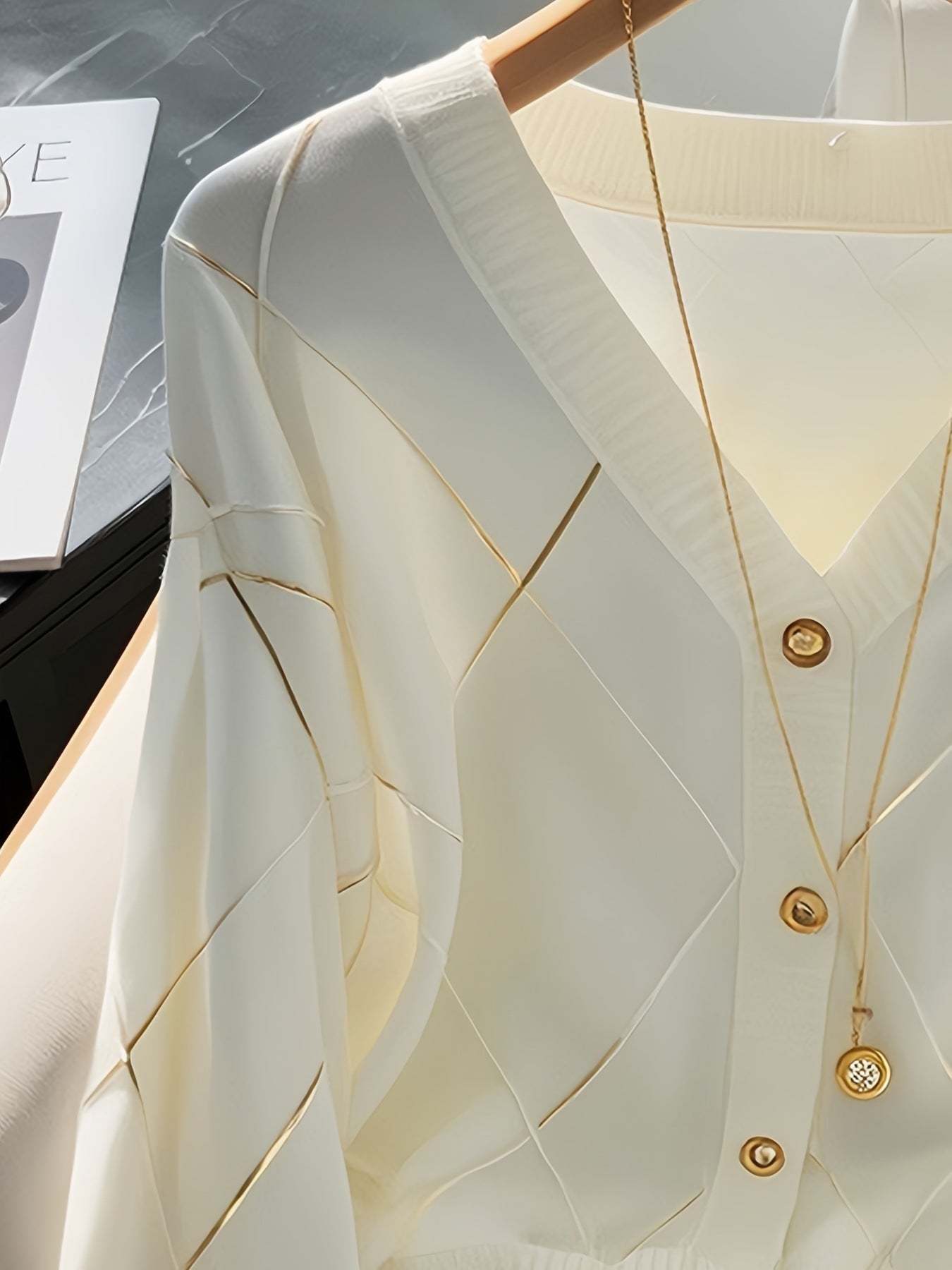 White Diamond Pattern V-Neck Cardigan Sweater with Gold Buttons
