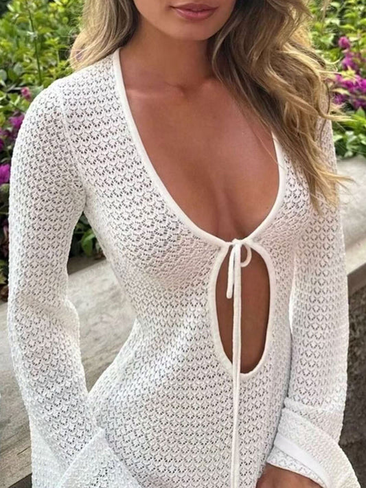 Women Knit Lace Up Long Flare Sleeve Beach Dress, Lady Vacation Solid Vestidos Holiday Hollow Out Mini Dress
