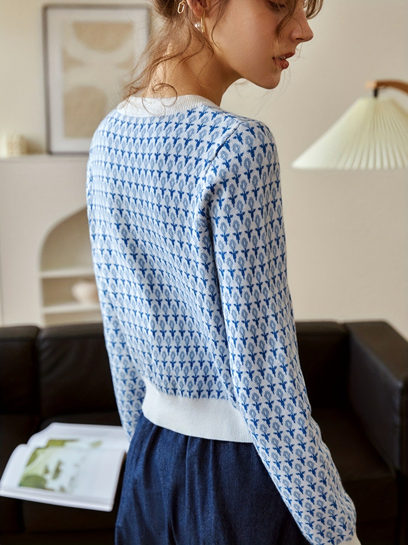 Women's Cropped Patterned Knit Cardigan Sweater with Pearl Buttons