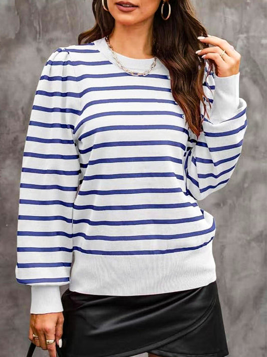 Women's Striped Sweaters Puff Long Sleeve Crewneck Ribbed Knit Pullover Jumper Tops