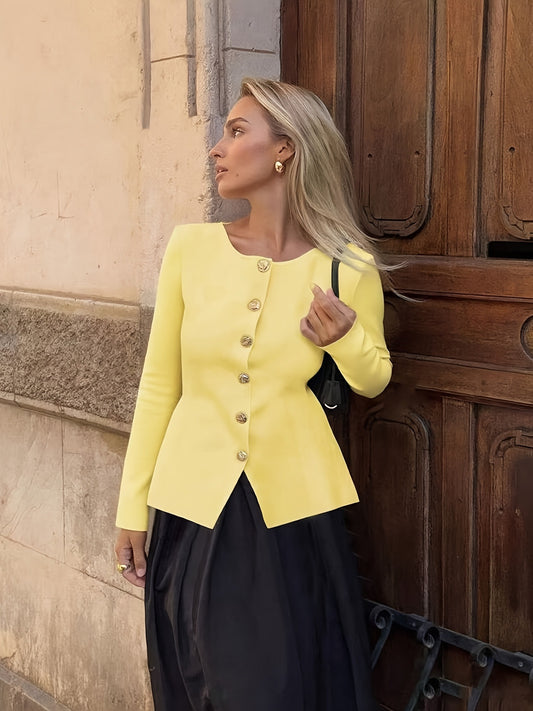 Women's Elegant  Peplum Blazer Jacket with Gold Buttons, Long Sleeve & Round Neck