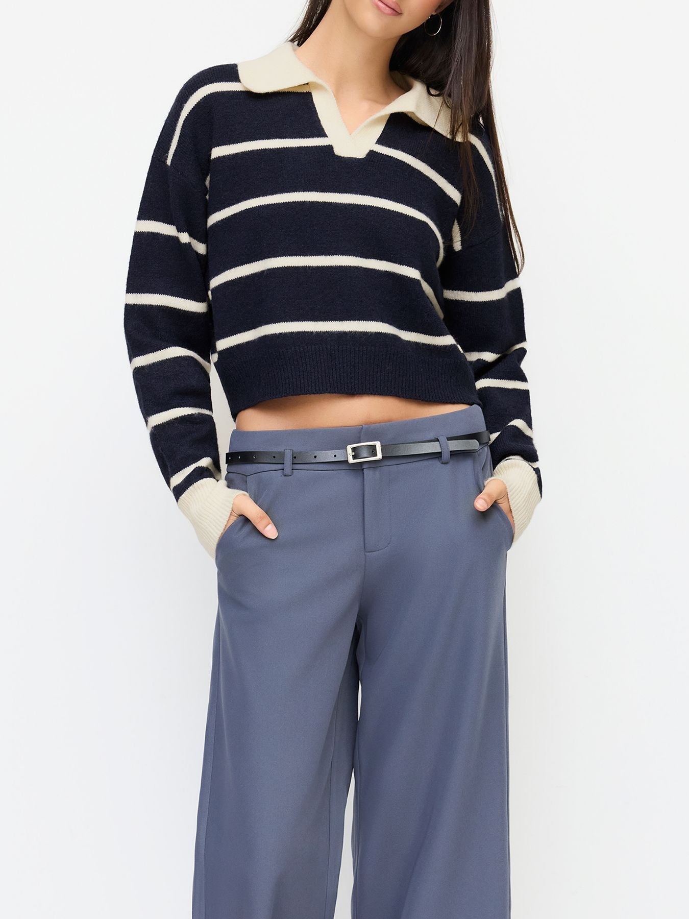 #SF007 Cropped 12 Gauge Jacquard Merino Wool Polo Sweater for Women