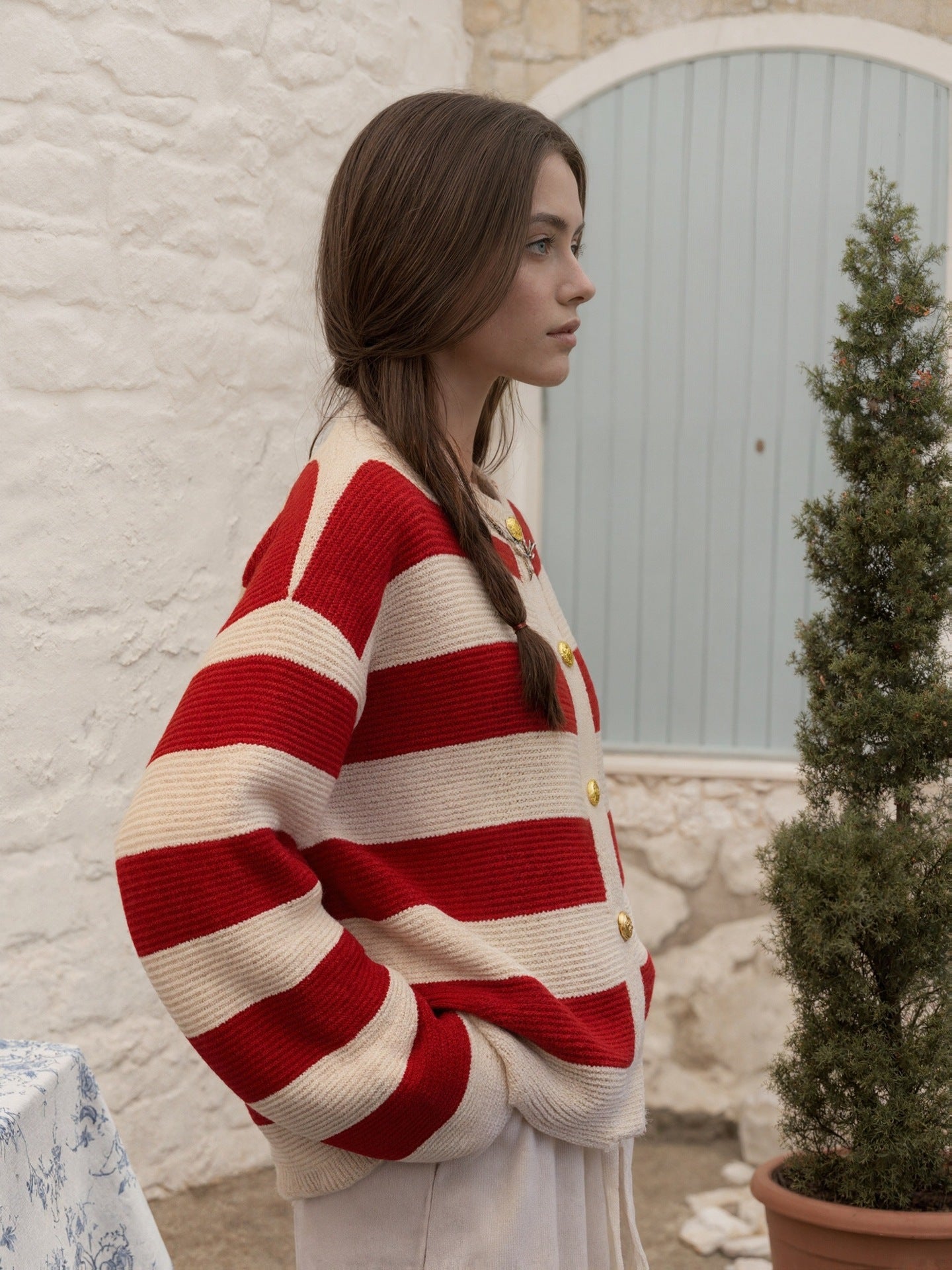 Women's Striped Knitted Cardigan Sweater Crewneck Long Sleeve Loose Buttons