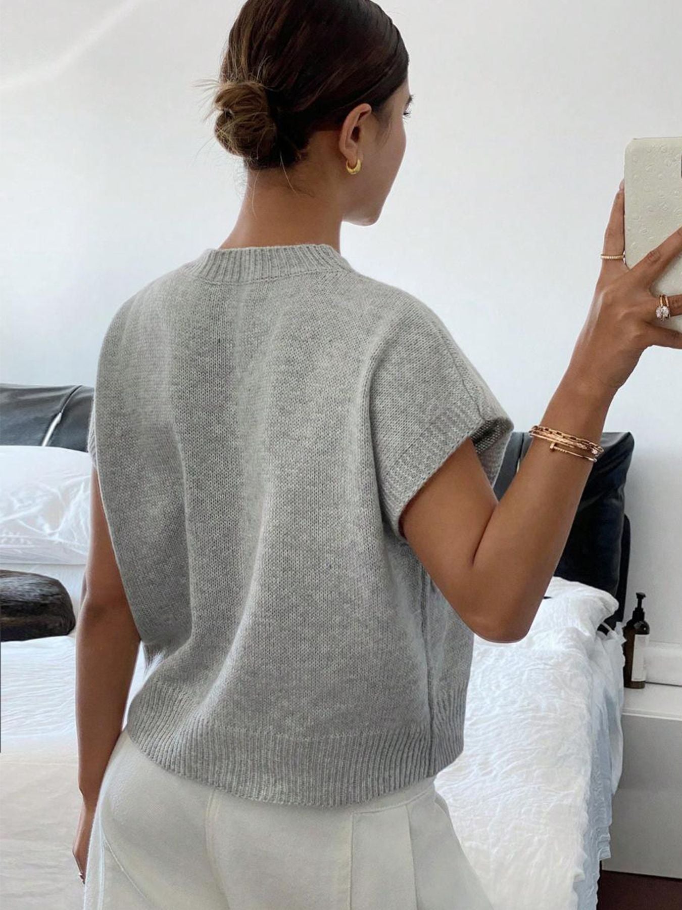 #SF021 Embroidery 15 Gauge Ribbed Knit Polyester Blend Mock Neck Pullover for Women