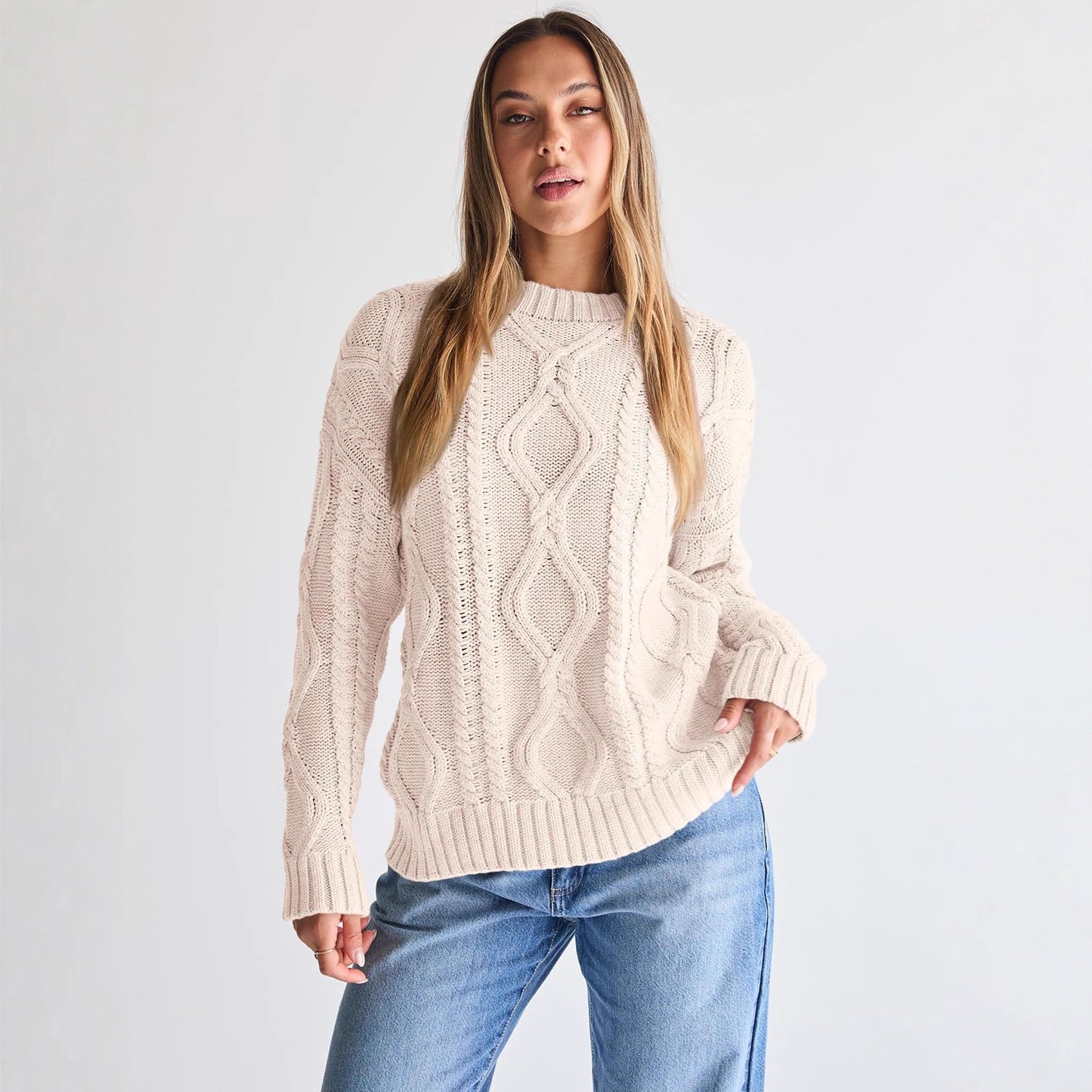 #SF026 Chunky 7 Gauge Cable Knit Wool Blend Crewneck Pullover for Women