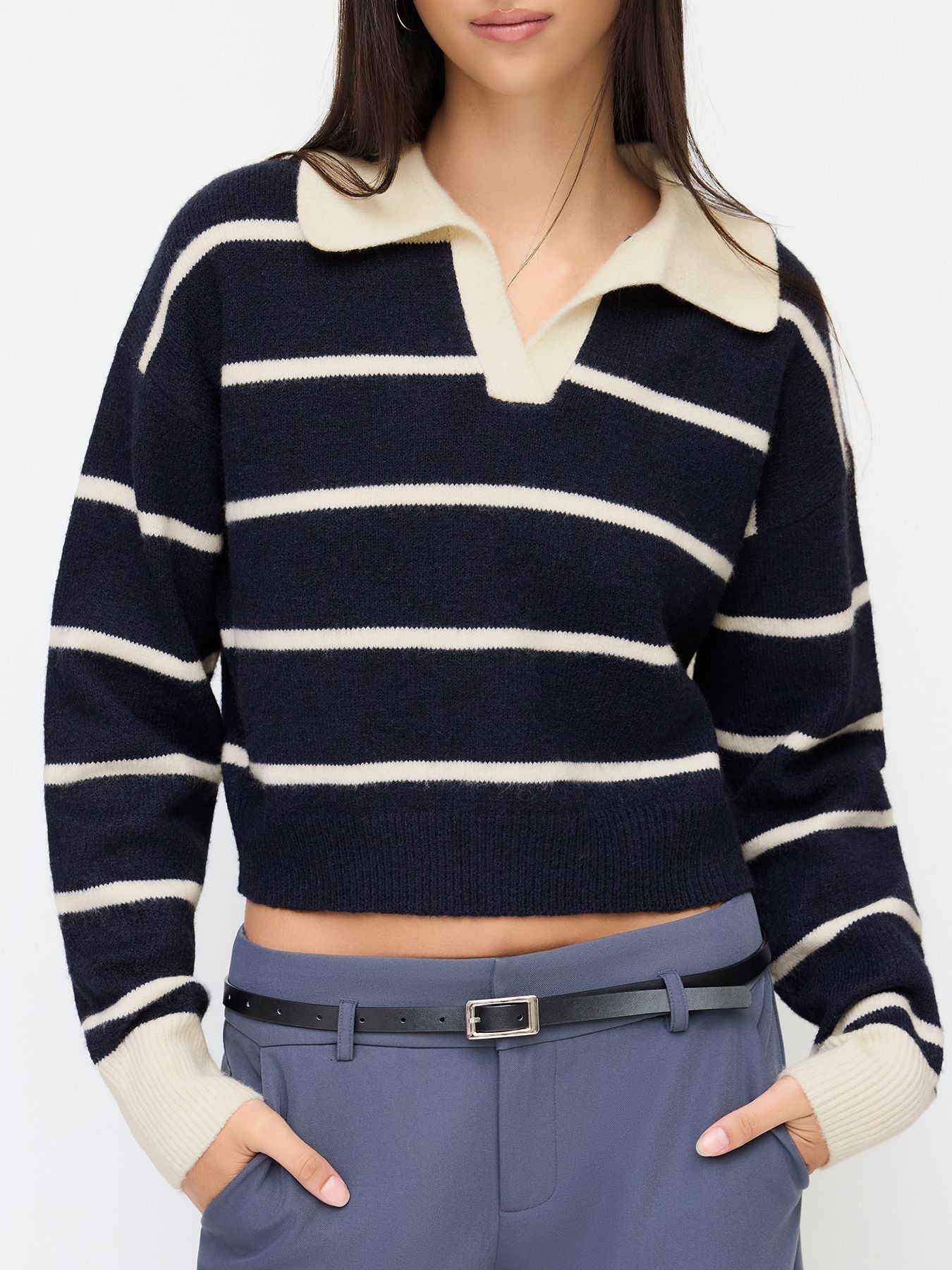 #SF007 Cropped 12 Gauge Jacquard Merino Wool Polo Sweater for Women