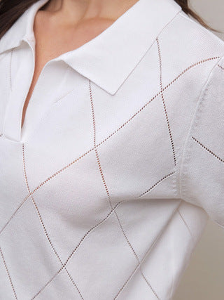 Women'S Elegant Casual Cardigan - Versatile Short Sleeve Pullover with Lace Trim, Versatile Knitwear, Polo Collar Design