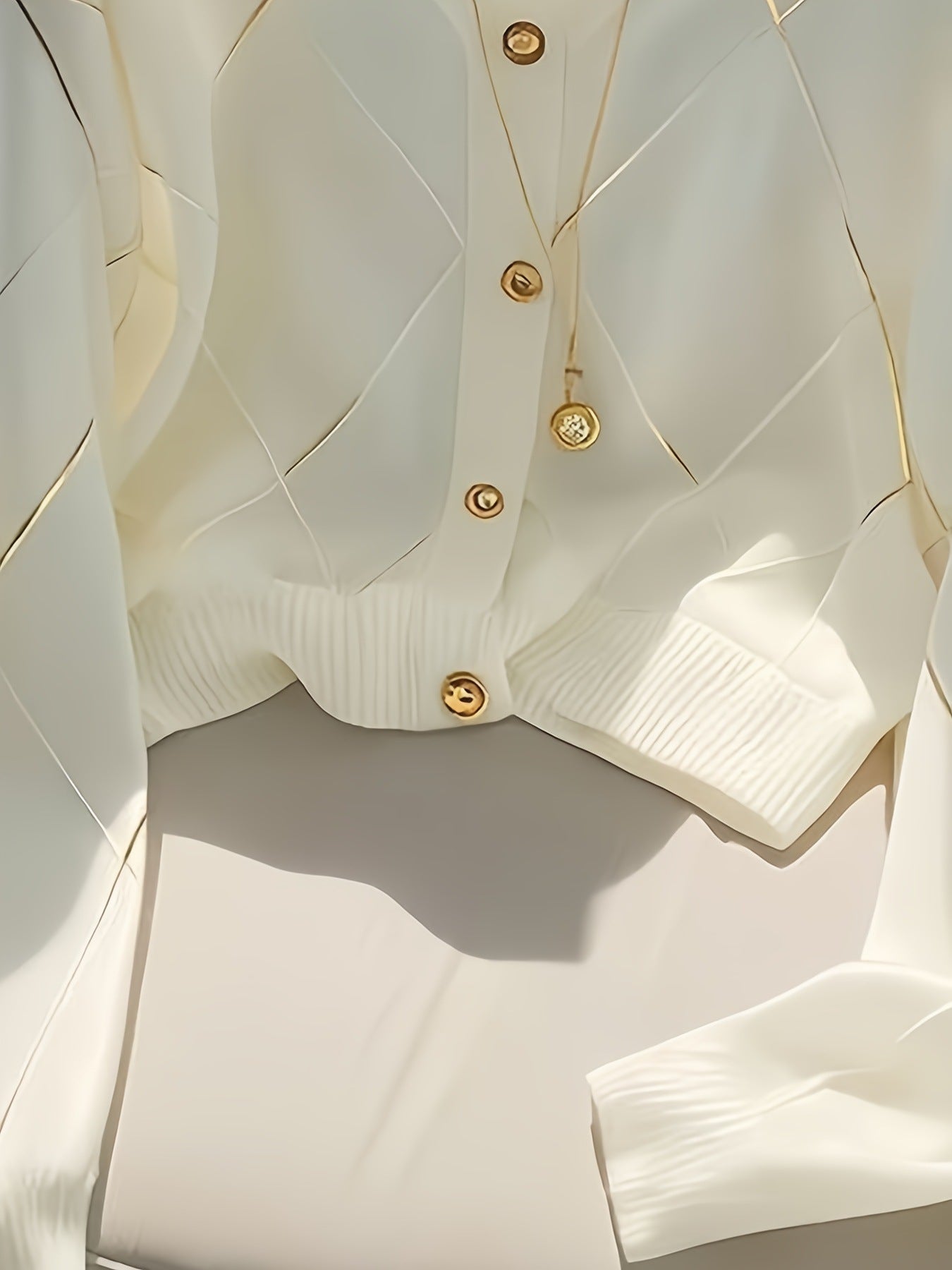 White Diamond Pattern V-Neck Cardigan Sweater with Gold Buttons