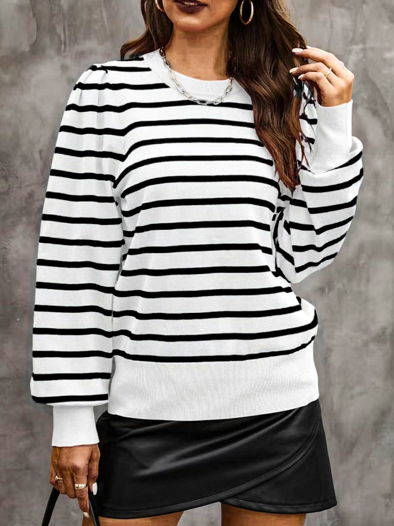 Women's Striped Sweaters Puff Long Sleeve Crewneck Ribbed Knit Pullover Jumper Tops