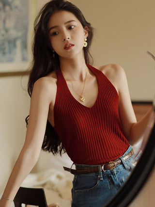 Red Ribbed Knit Halter Crop Top & High-Slit Denim Maxi Skirt