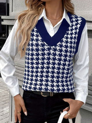 Greensen Houndstooth Knit Vest V Neck Colorblock Sleeveless Knit Vest Waistcoat Sleeveless Sweater Tank Top for Women