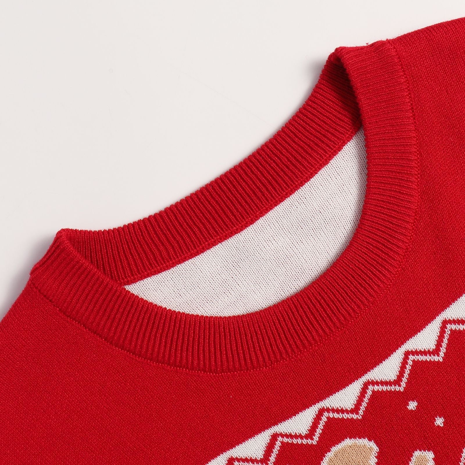 a close up look for the cable knit crewneck of Ugly Christmas Sweaters for family