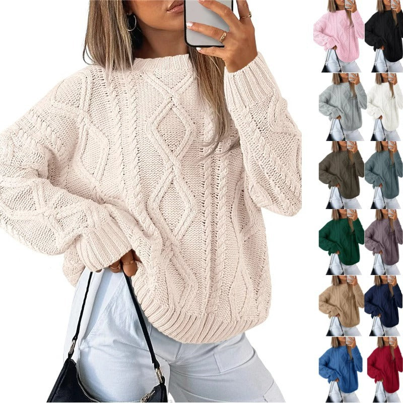 #SF026 Chunky 7 Gauge Cable Knit Wool Blend Crewneck Pullover for Women